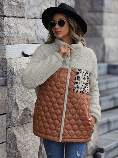 Women's Leopard Color Block Zip-Up Jacket