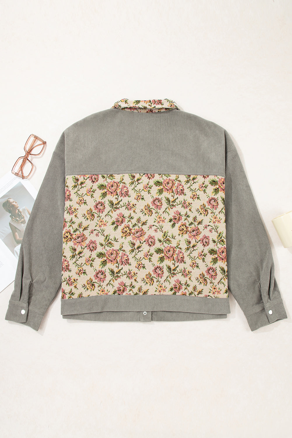 Plus Size Floral Patchwork Corduroy Pocketed Jacket