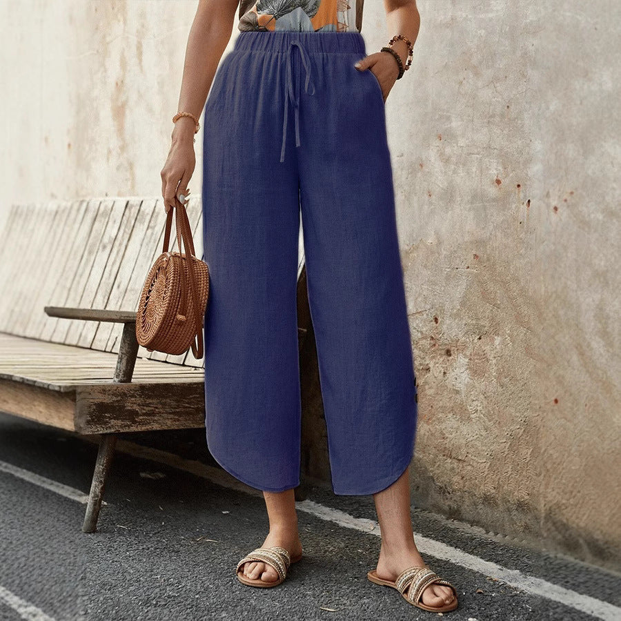 Women's Cotton Linen Cropped Drawstring Wide Leg Pants - Image 4