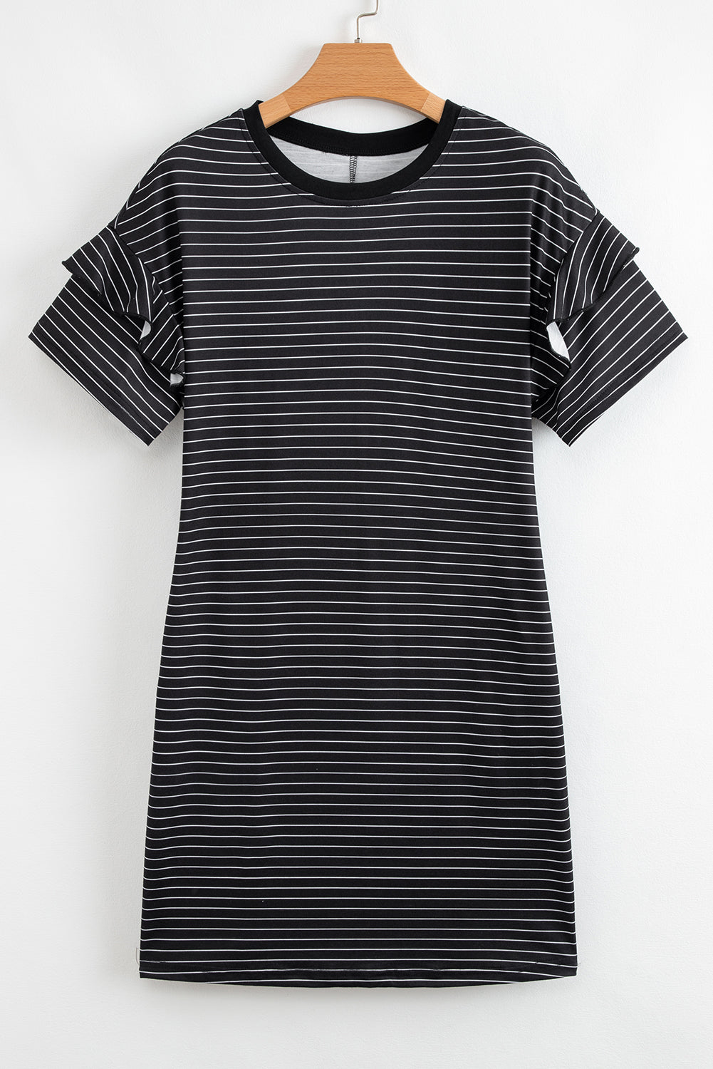 Black Stripe Ruffled Short Sleeve Shift Mini Dress
