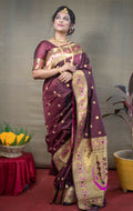 Elegant brown Paithani silk saree with detailed gold zari woven patterns and matching blouse