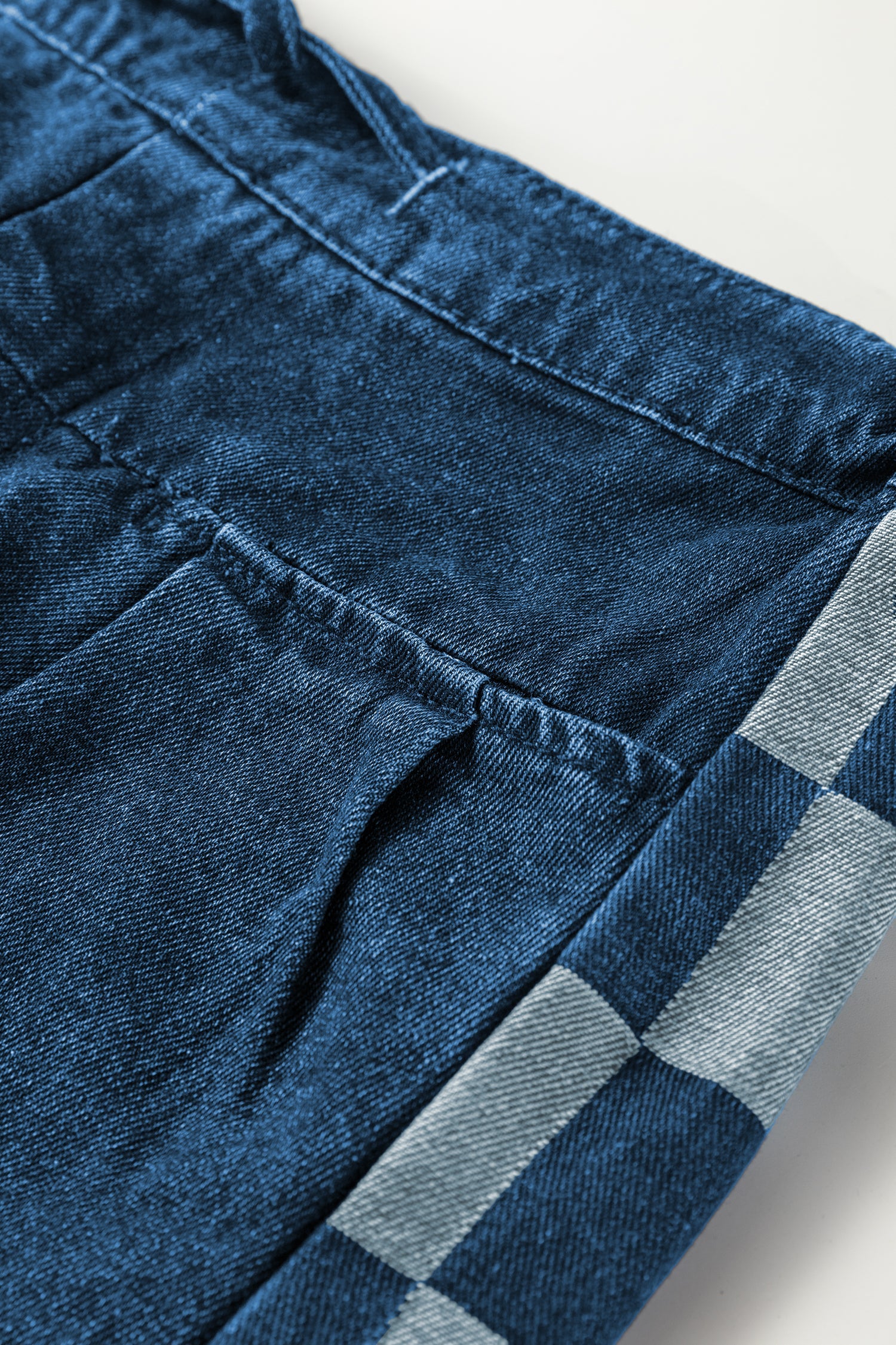 Sail Blue Checkered Patchwork Drawstring Loose Denim Pants