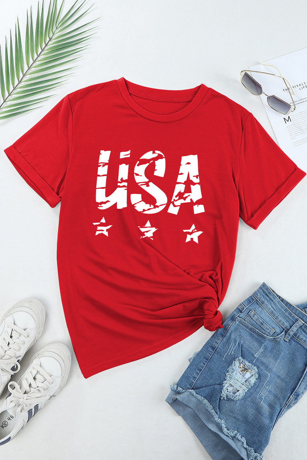 Women's Red USA Graphic Print Round Neck Short Sleeve T-Shirt - Image 5