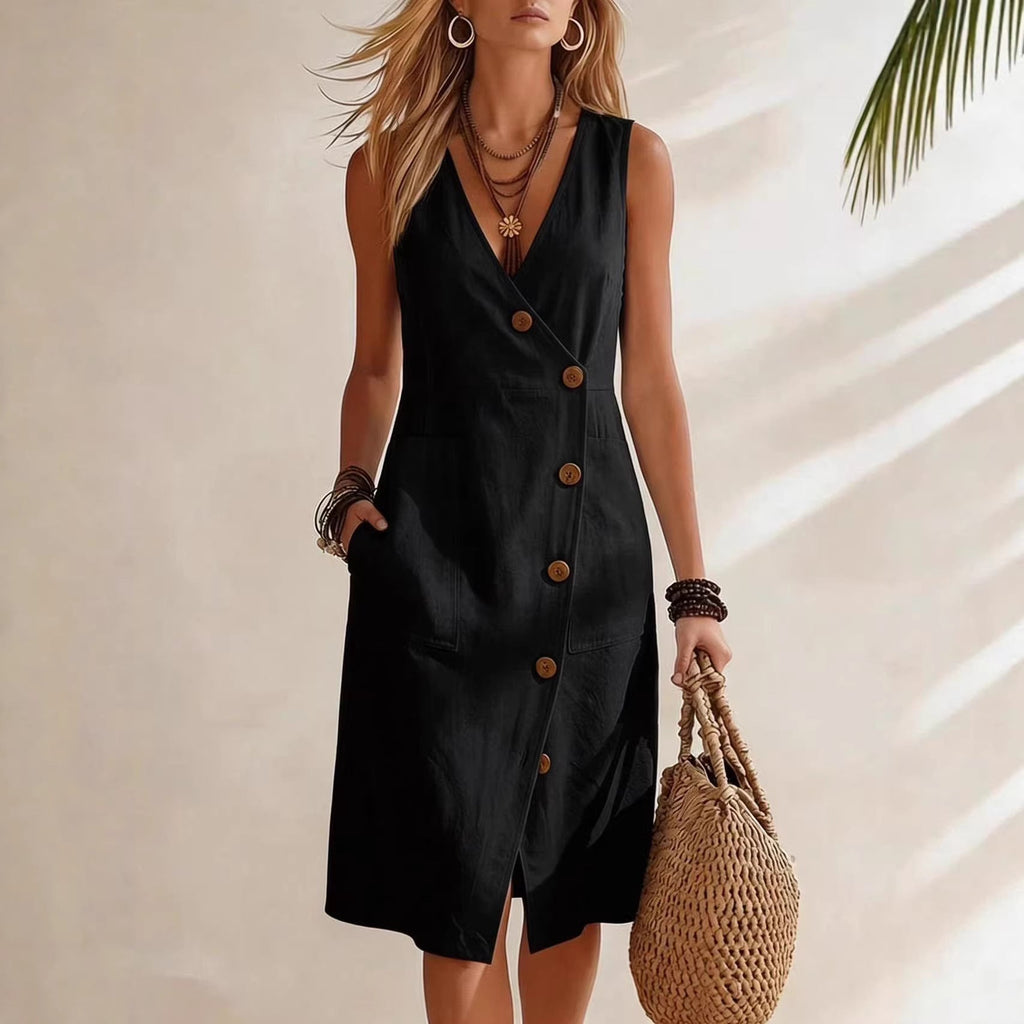 Women's V-Neck Sleeveless Asymmetrical Button Midi Dress - Image 4