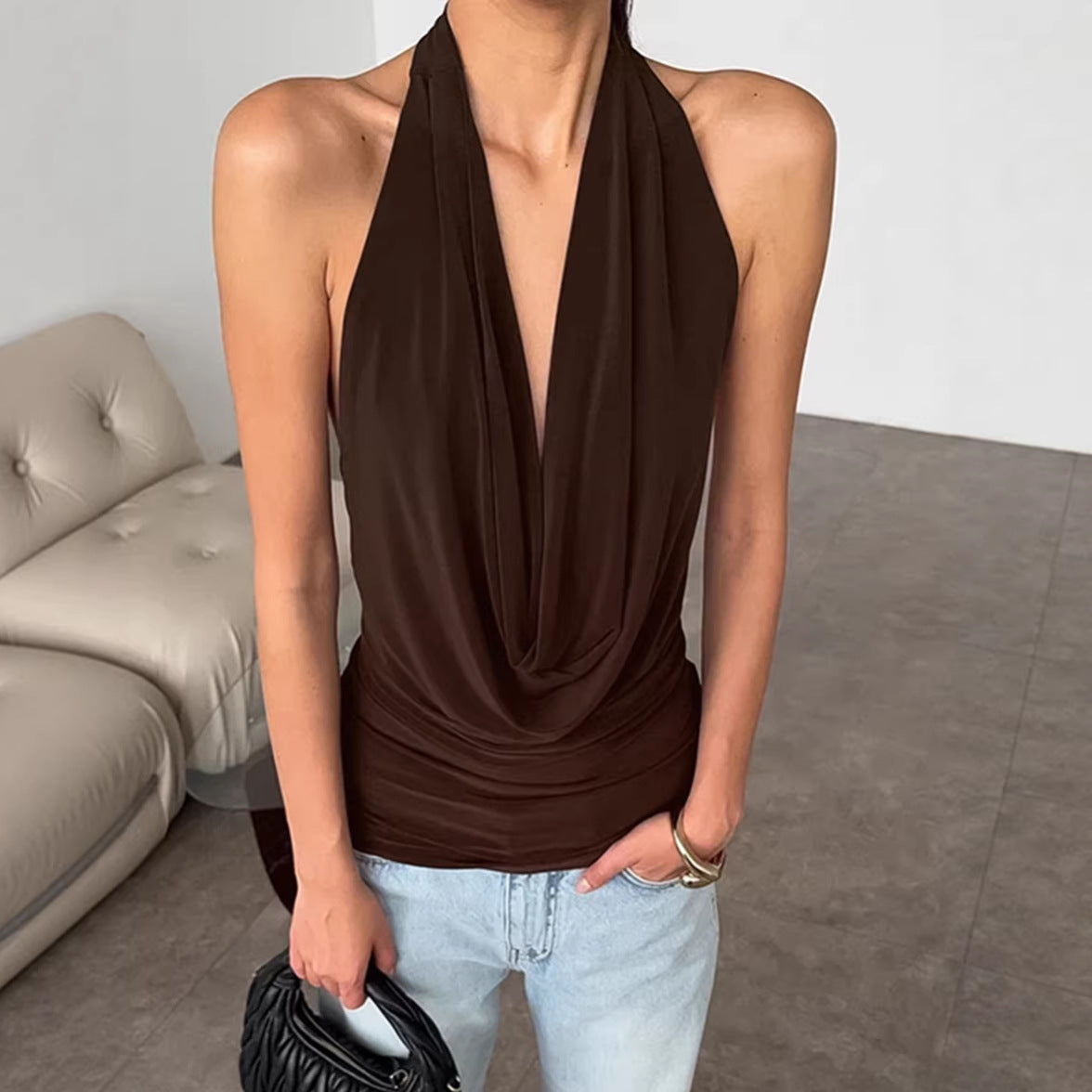 Women's Brown Backless Halter Top Elegant Sleeveless Knit Shirt - Image 3
