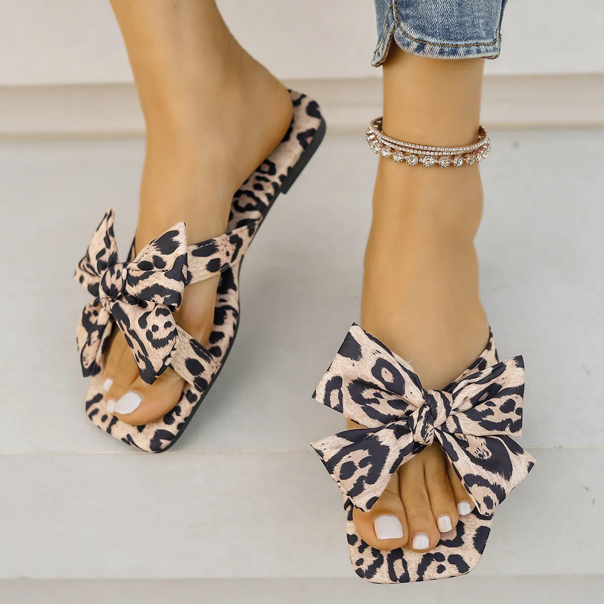 Women's Open Toe Flat Sandals | Leopard Print & Solid Colors