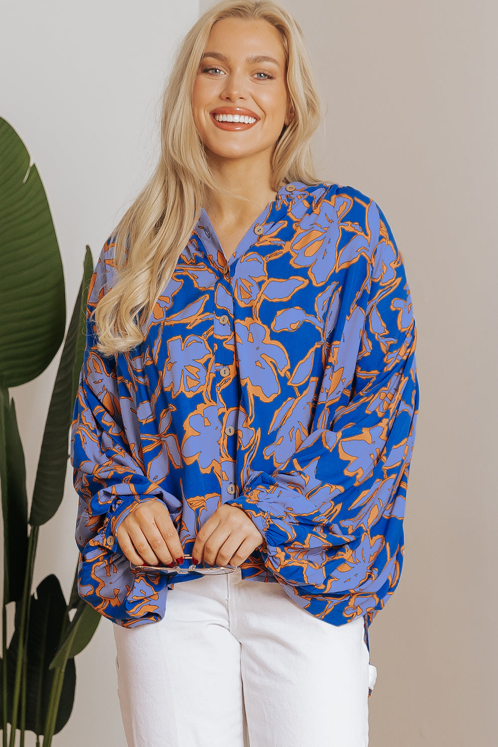 Blue Floral Print Batwing Sleeve Buttoned Shirt