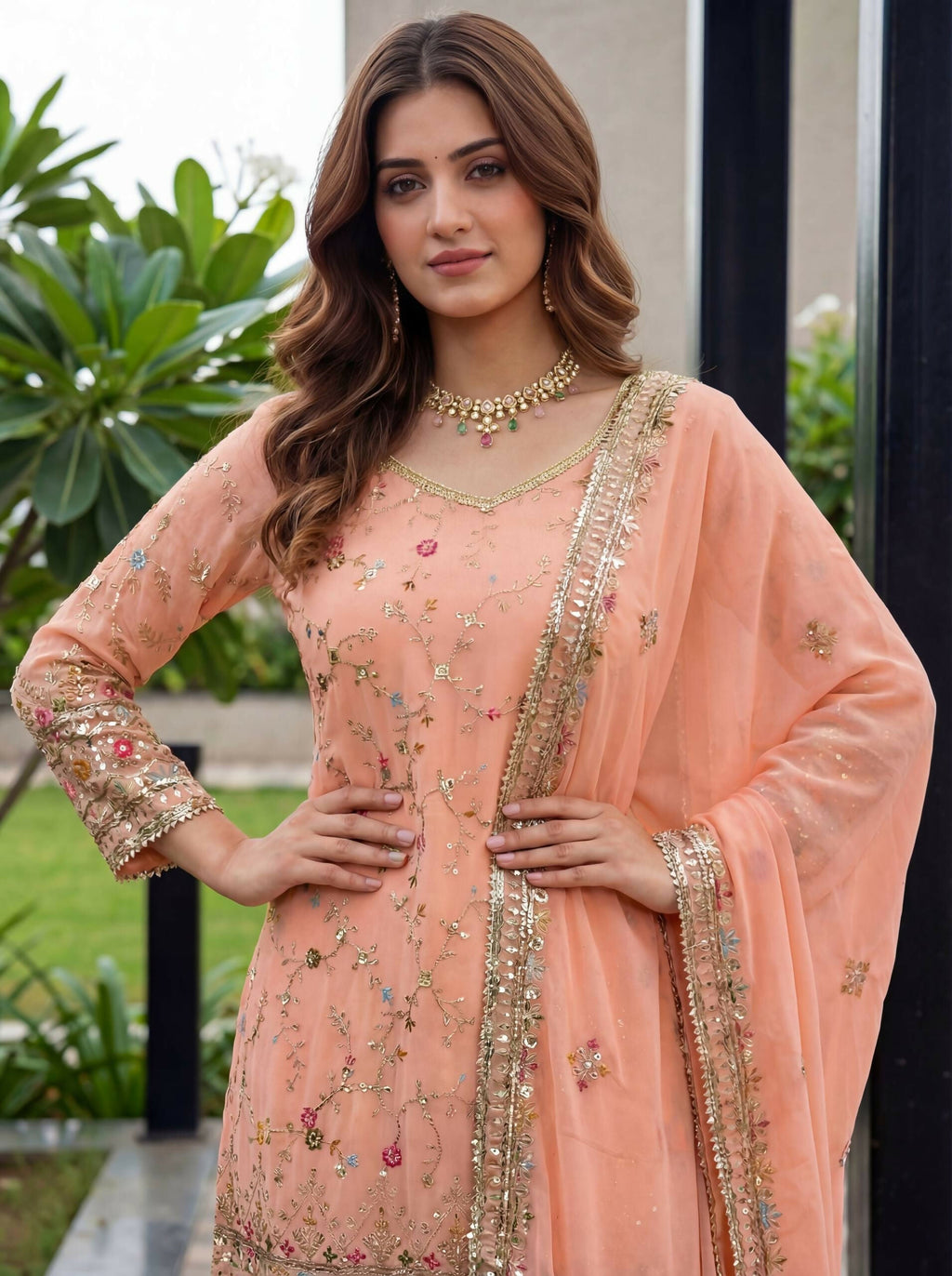 Orange Georgette Embroidered Sharara Set for Festive Occasions