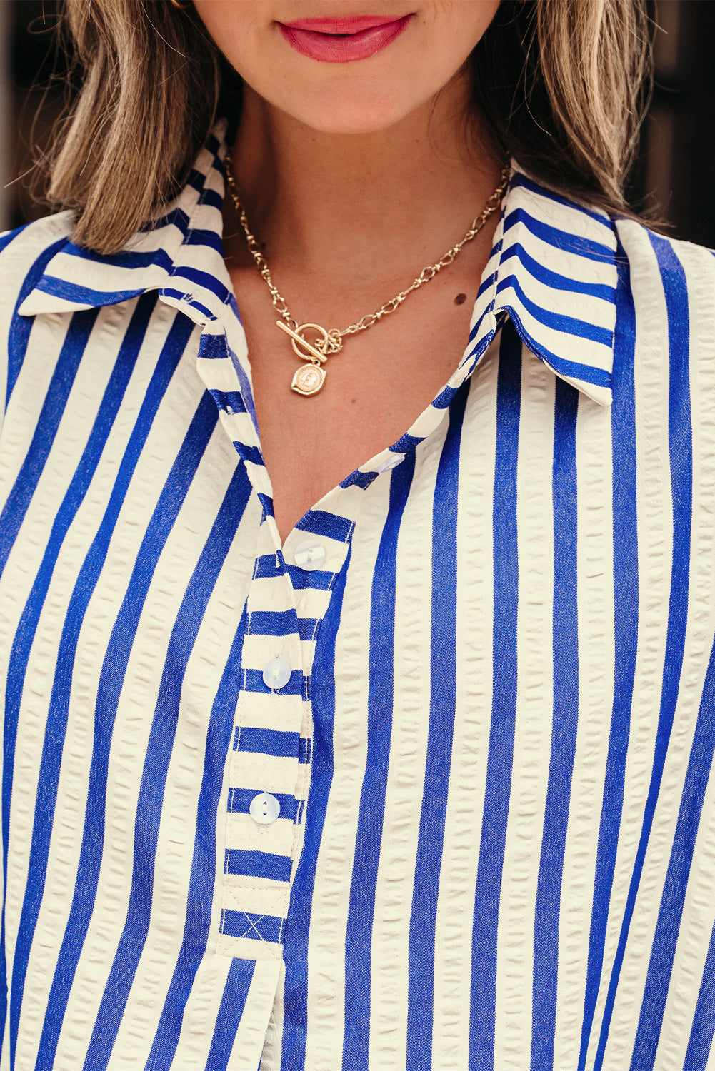 Stripe Buttoned Collar Side Pockets Mini Dress