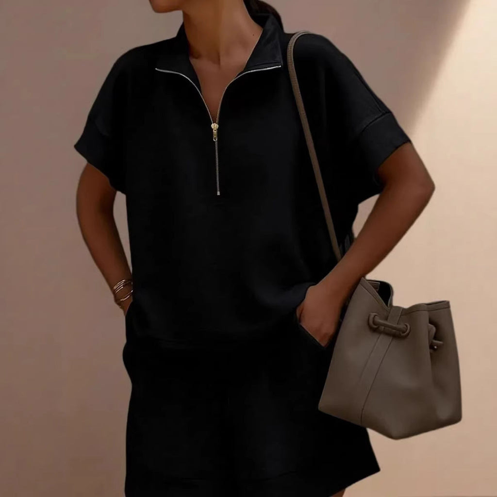 Women's Solid Color Short Sleeve Half-Zip Top and Shorts Set - Image 3