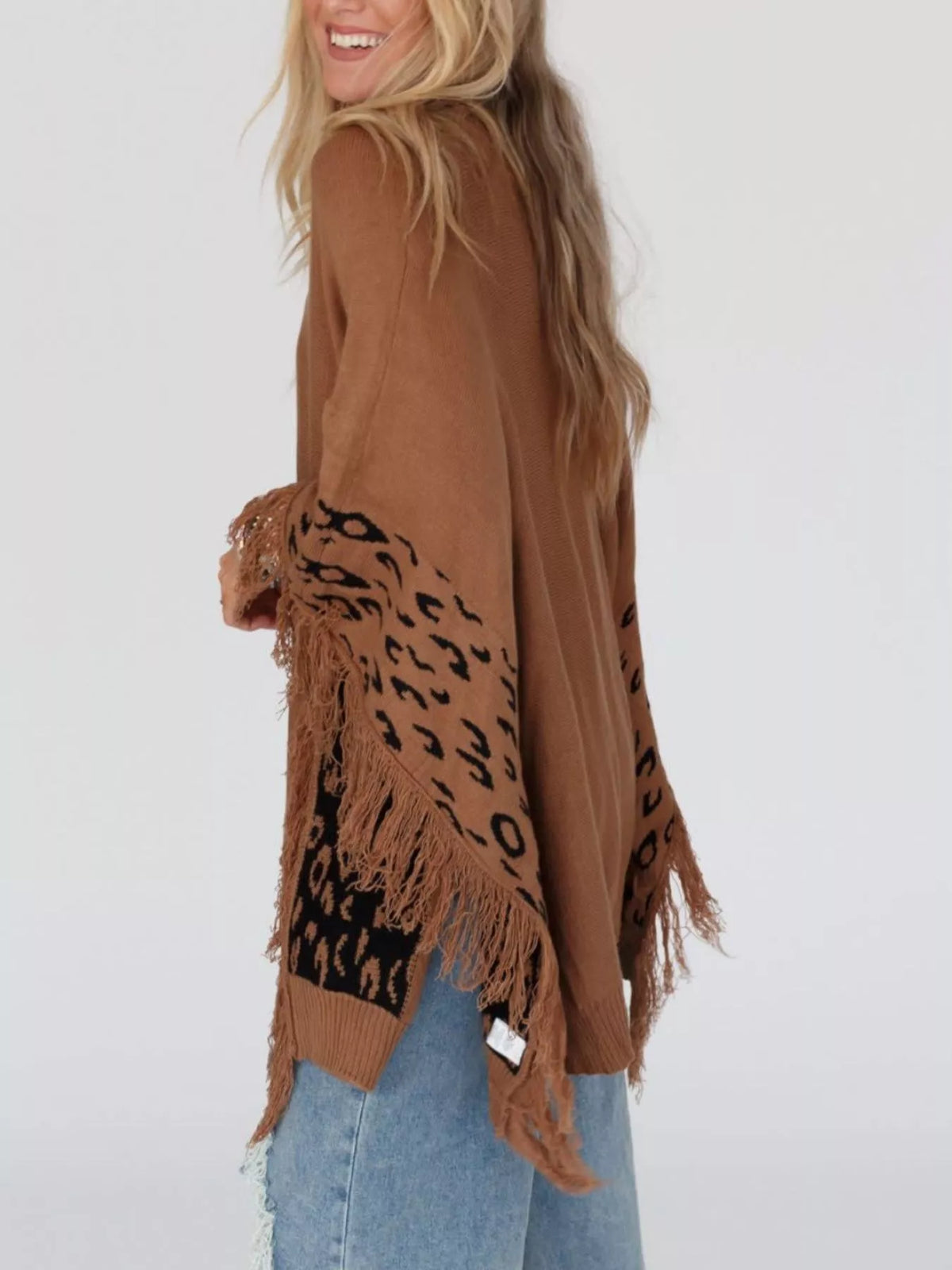 Fringe Leopard Mock Neck Batwing Sleeve Knit Top