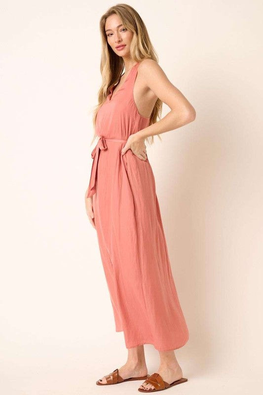 Cross Back Belted V Neck Tank Maxi Dress for Elegant Events