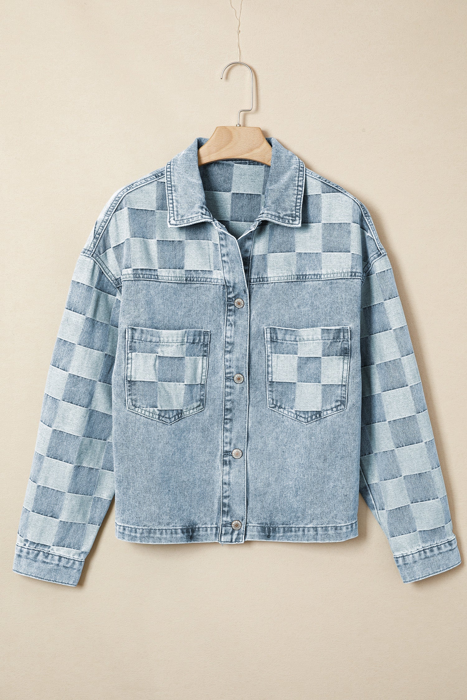 Denim Checkered Patchwork Womens Casual Jacket