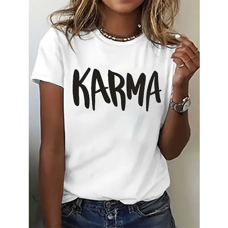Women's Karma Print Short Sleeve Round Neck Casual Graphic T-Shirt - Image 5