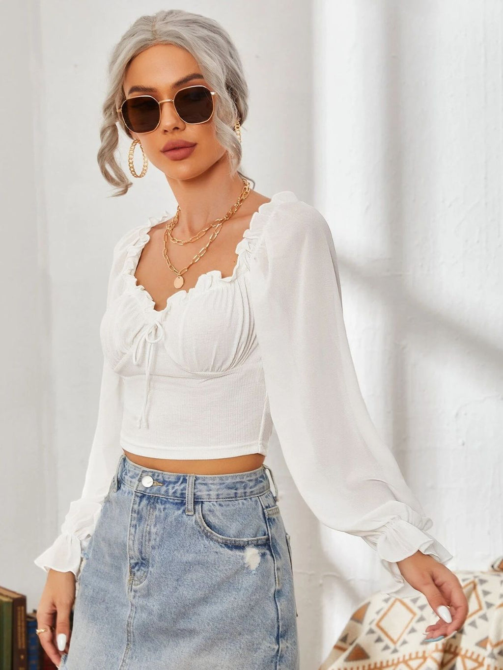 Mesh Sweetheart Neck Flounce Sleeve Top with Ruffled Detail - Image 4