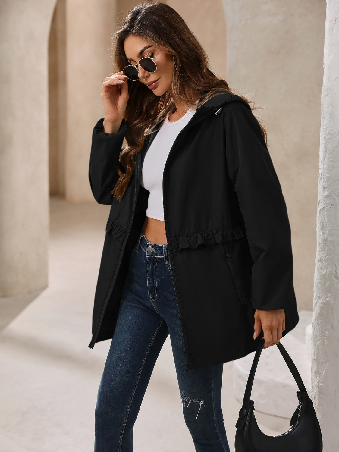 Women's Waterproof Hooded Windbreaker Jacket with Waist Detail - Image 27