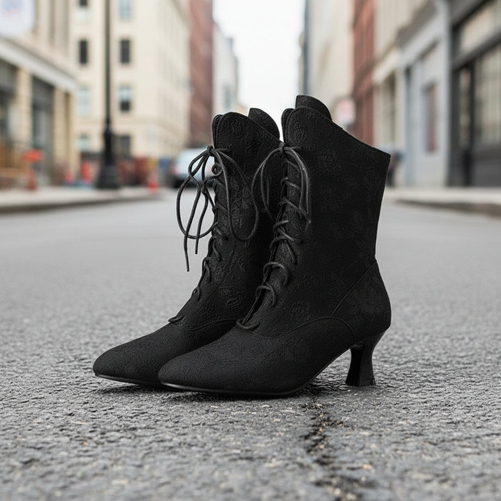 Women Pointed Toe Lace Up Kitten Heel Ankle Boots Floral Pattern