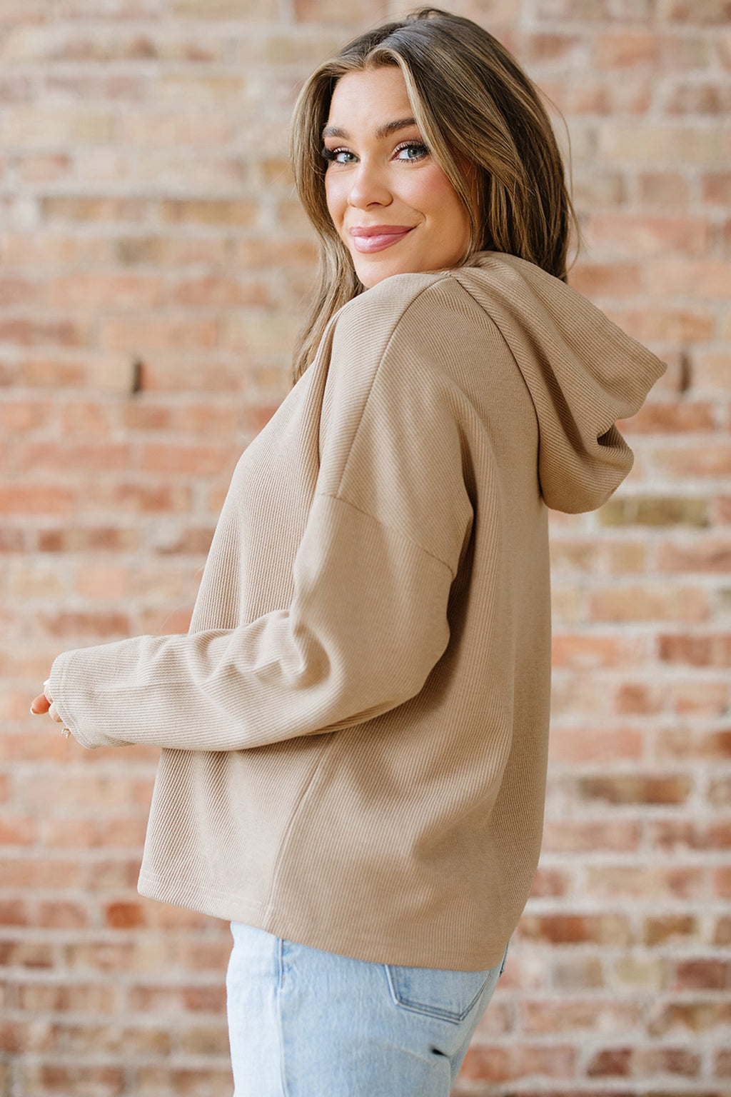 Dark Khaki Thermal Textured Leopard Drawstring Baggy Hoodie