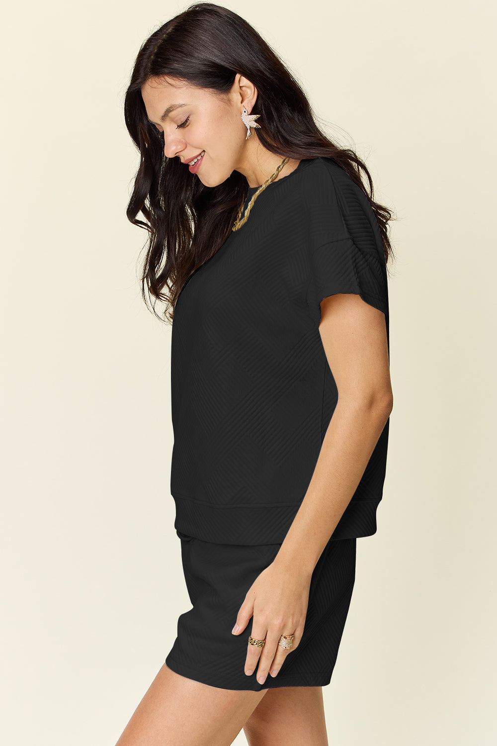 White Textured Drawstring Shorts and Relaxed Tee Lounge Set - Image 7