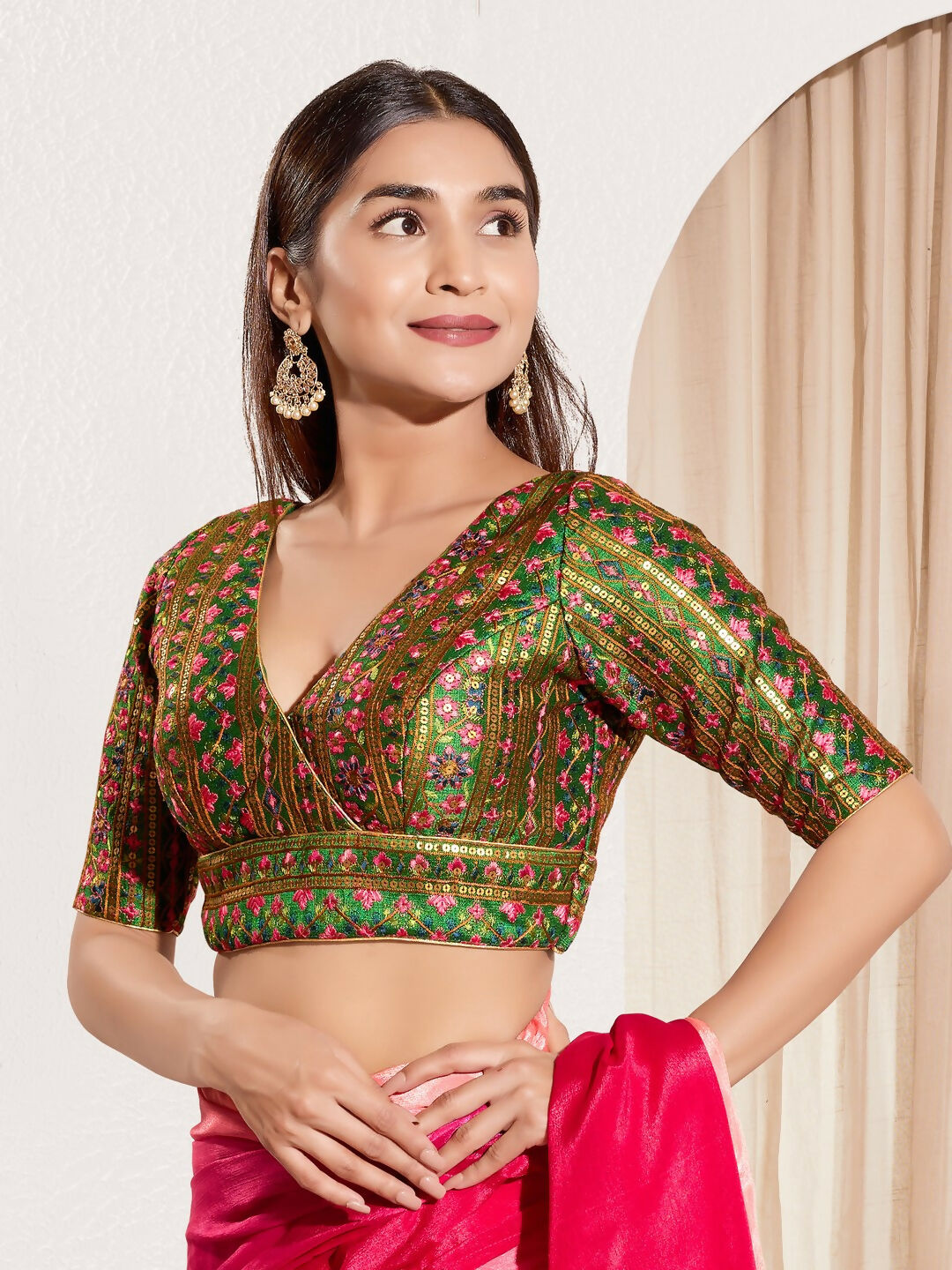 Bottle Green Mulberry Silk Padded Blouse with V-Neck
