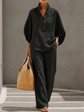 Women's Casual Linen-Look Shirt and Full-Length Pants Set - Image 5