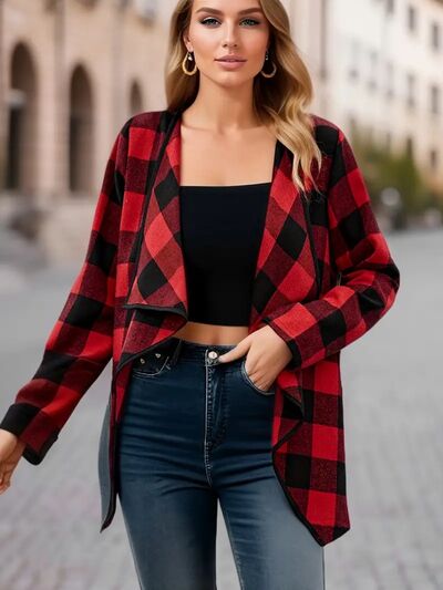 Elegant Plaid Open-Front Long Sleeve Jacket Lightweight