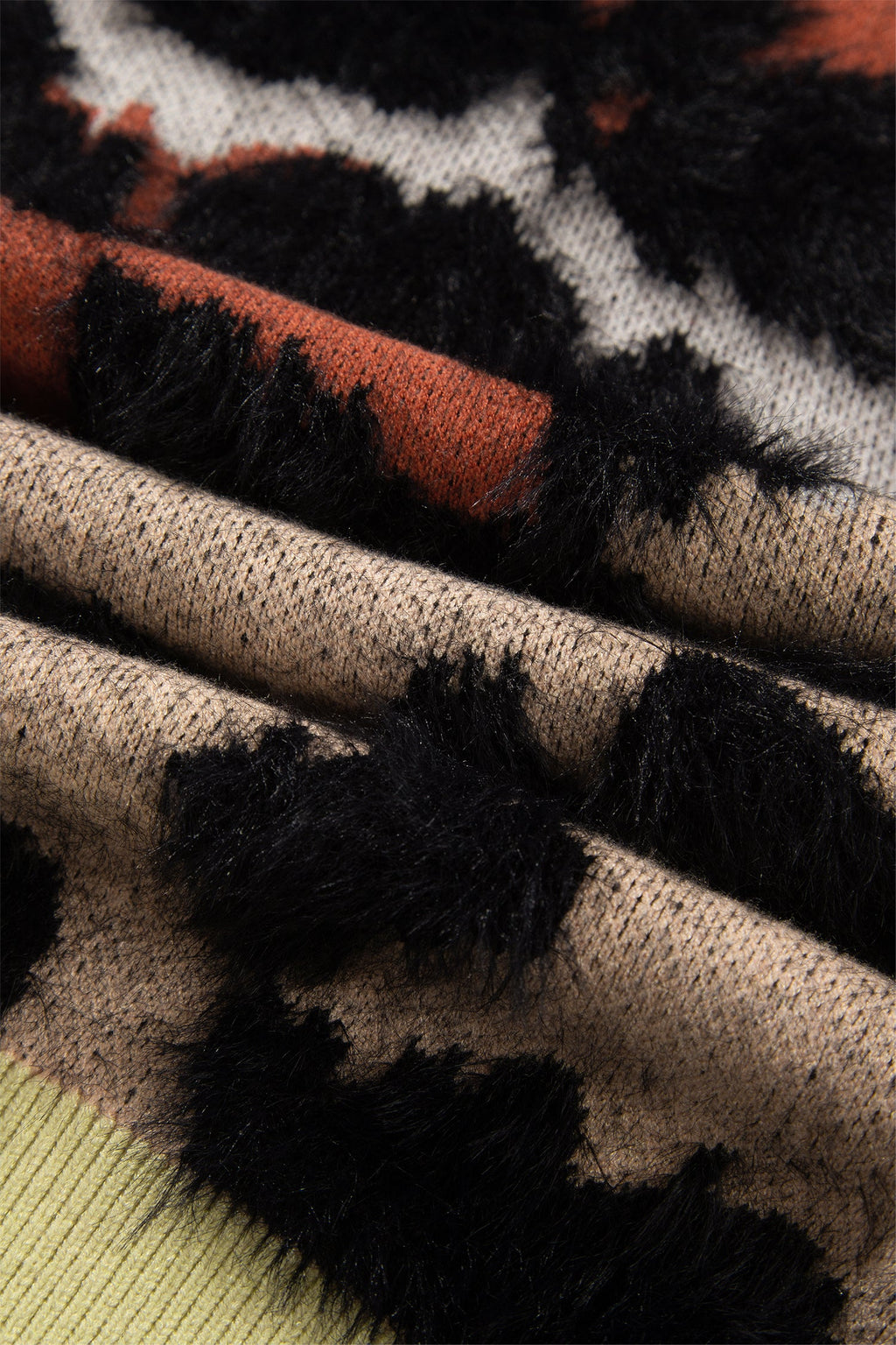 Leopard Colorblock Trim Drop Shoulder Fuzzy Sweater