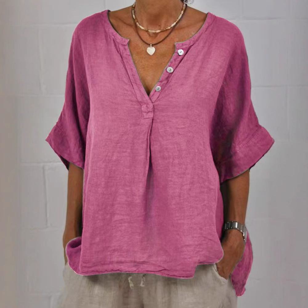Women's Cotton Linen V-Neck Button-Up Shirt Casual Top - Image 5