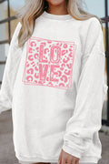 White Corded Ribbed LOVE Leopard Print Drop Shoulder Sweatshirt