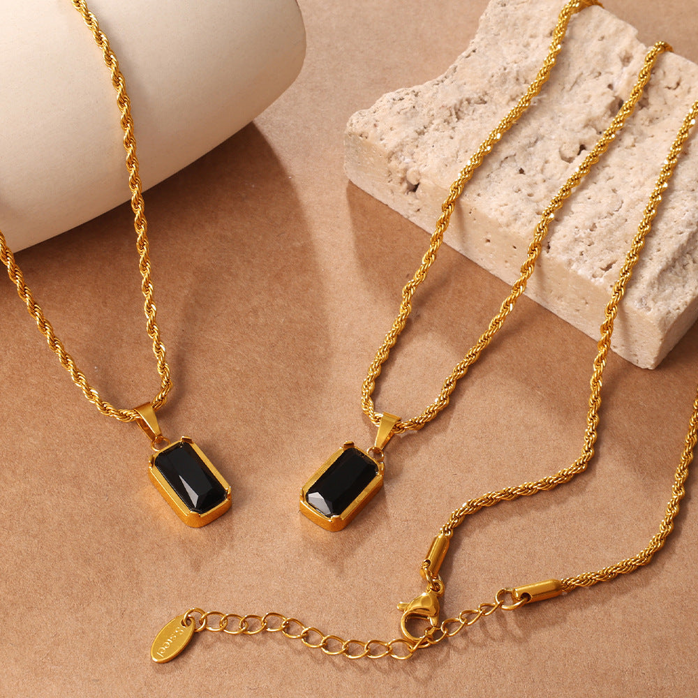 Vintage Stackable Double Layer Oval Black Onyx Pendant Necklace, 18K Gold Plated Square Black Zircon Clavicle Chain