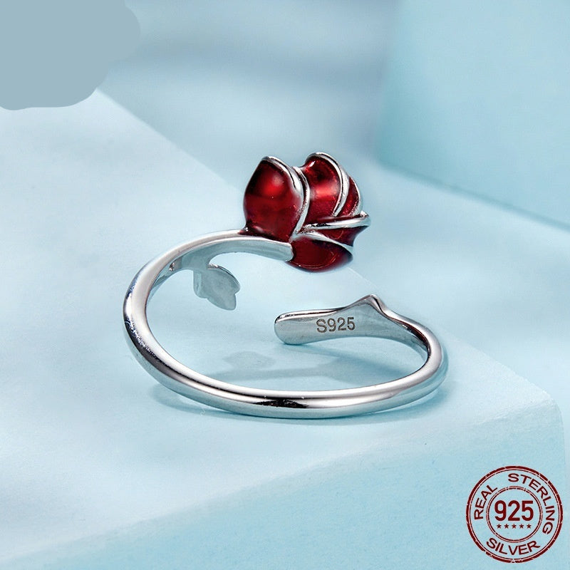 Vintage Red Rose Flower 925 Silver Adjustable Open Ring