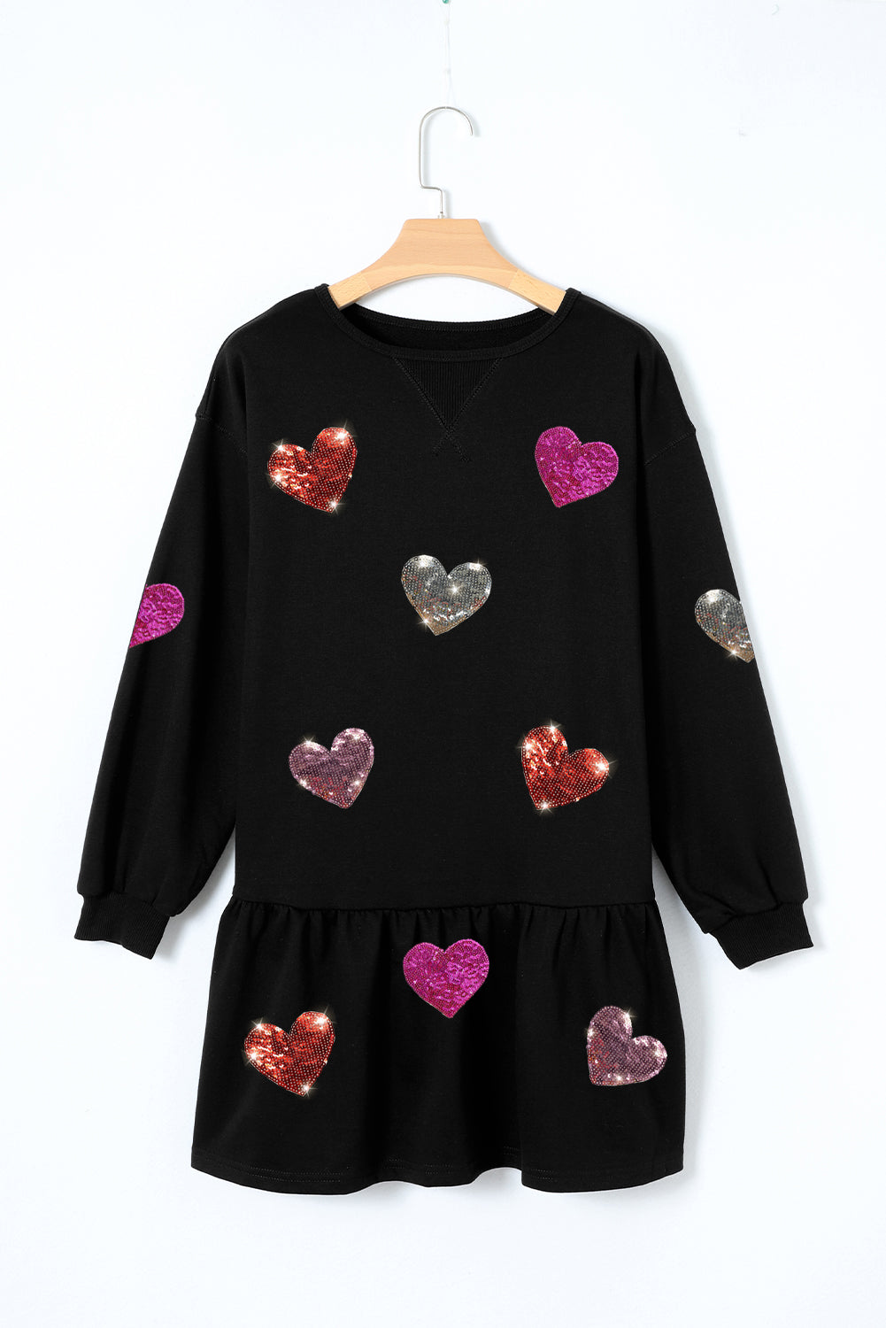 Girls Heart Round Neck Long Sleeve Knit Mini Dress in Pink & Grey
