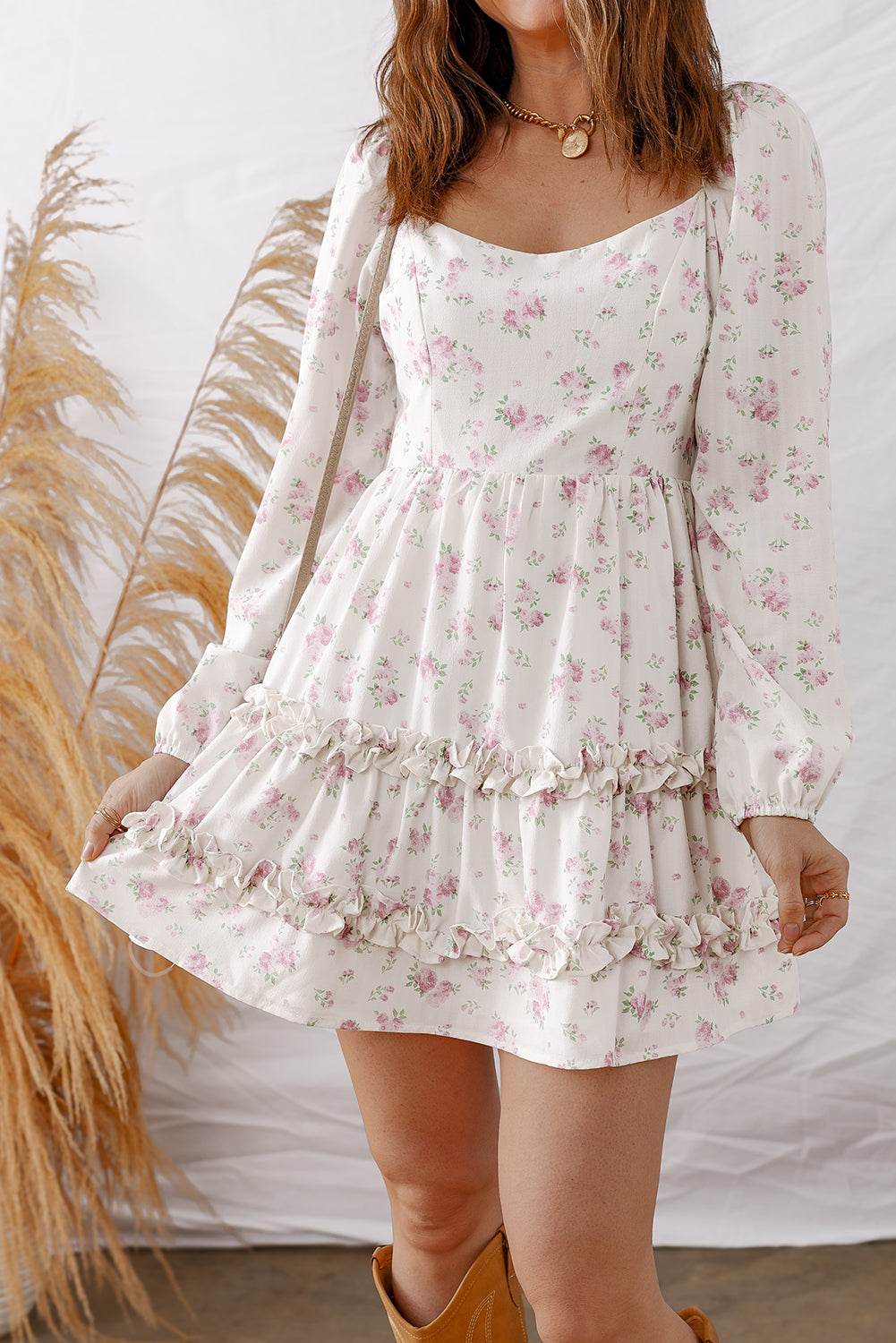 Pink Floral Print Long Sleeve Ruffle Mini Dress