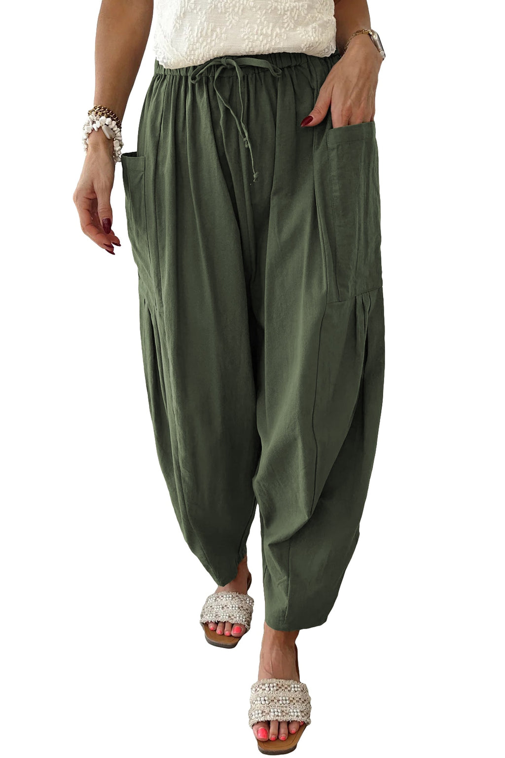 Jungle Green Drawstring Barrel Leg Casual Pants