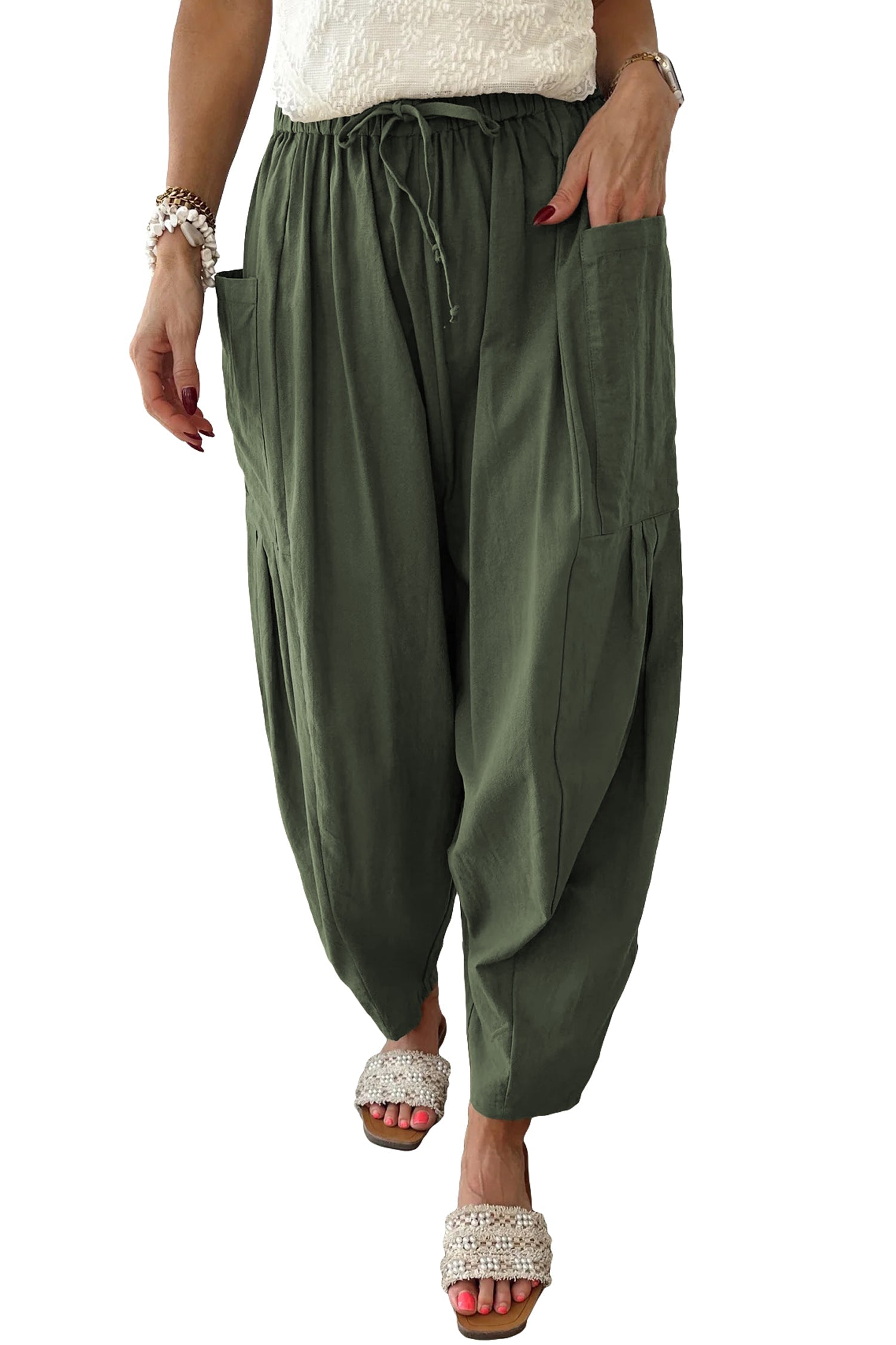Jungle Green Drawstring Barrel Leg Casual Pants