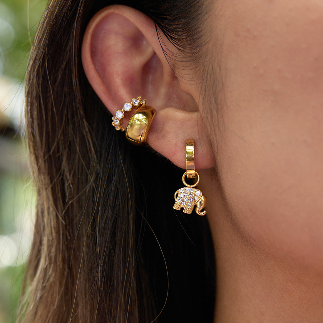 Elephant Zircon Hoop Earrings in Gold Stainless Steel