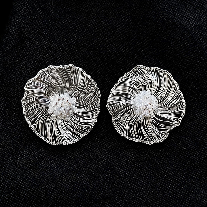 Women Woven Flower Round Stud Earrings,Artistic Atmosphere Light Luxury Elegant Versatile Fashion Dangle Earrings For Daily Occasion