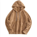 Brown fuzzy fleece hooded sweatshirt with long sleeves and front kangaroo pocket