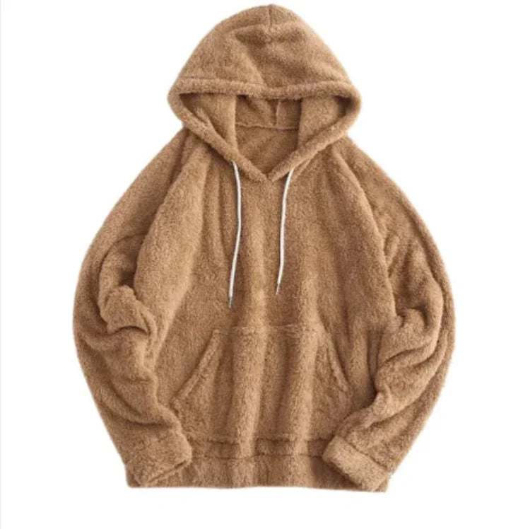 Brown fuzzy fleece hooded sweatshirt with long sleeves and front kangaroo pocket