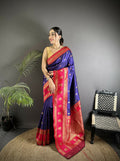 Navy blue Banarasi soft silk saree with intricate woven butti design