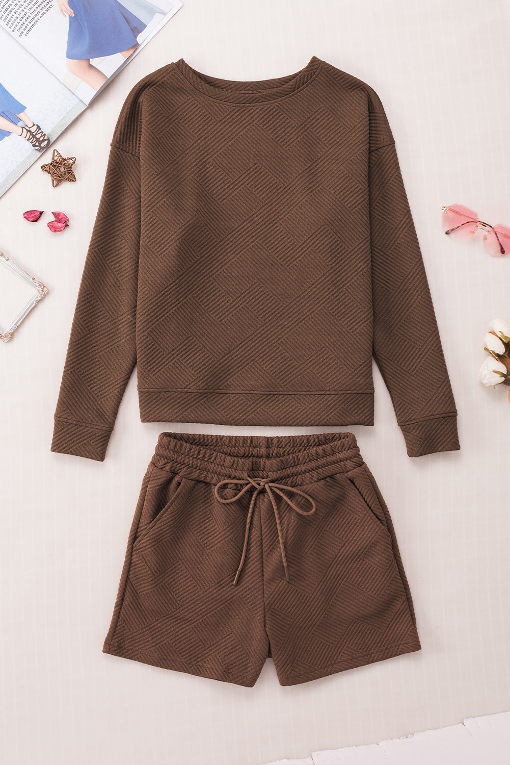 Textured Long Sleeve Top and Drawstring Shorts Set