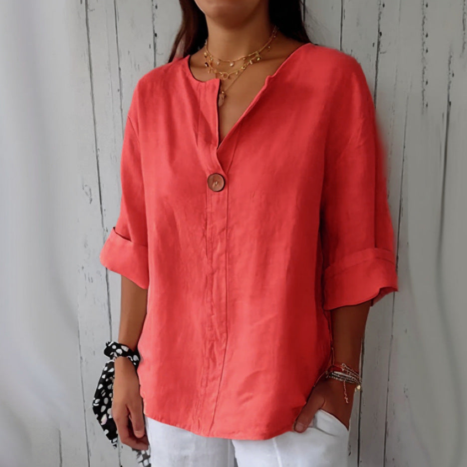 Women's V-Neck Long-Sleeve Linen Button Top – Loose Casual Blouse