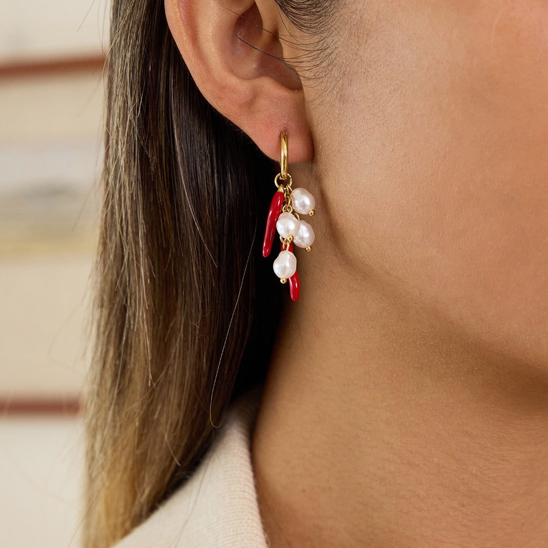 18K Gold Chili Pepper and Pearl Dangle Earrings Lightweight