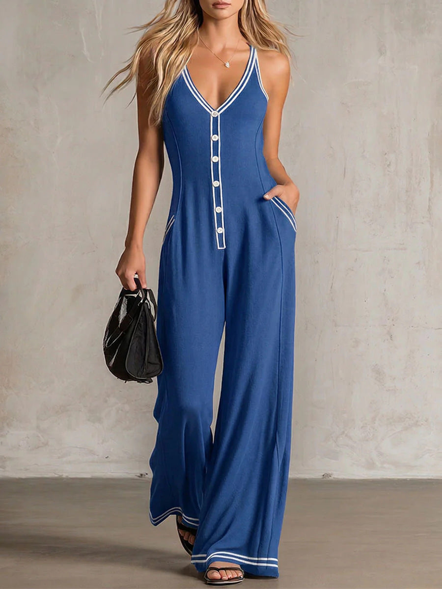 Women's V-Neck Sleeveless Wide-Leg Jumpsuit with Button Detail