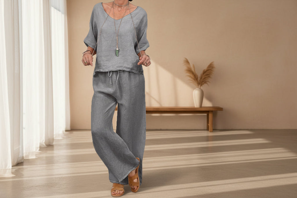 Women's V-Neck Pullover Top and Wide Leg Pants Two Piece Set - Image 2