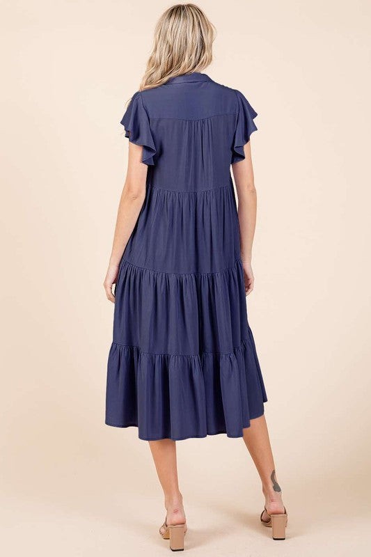 Navy Blue Ruffle Sleeve Tiered Midi Dress with Collared V-Neck
