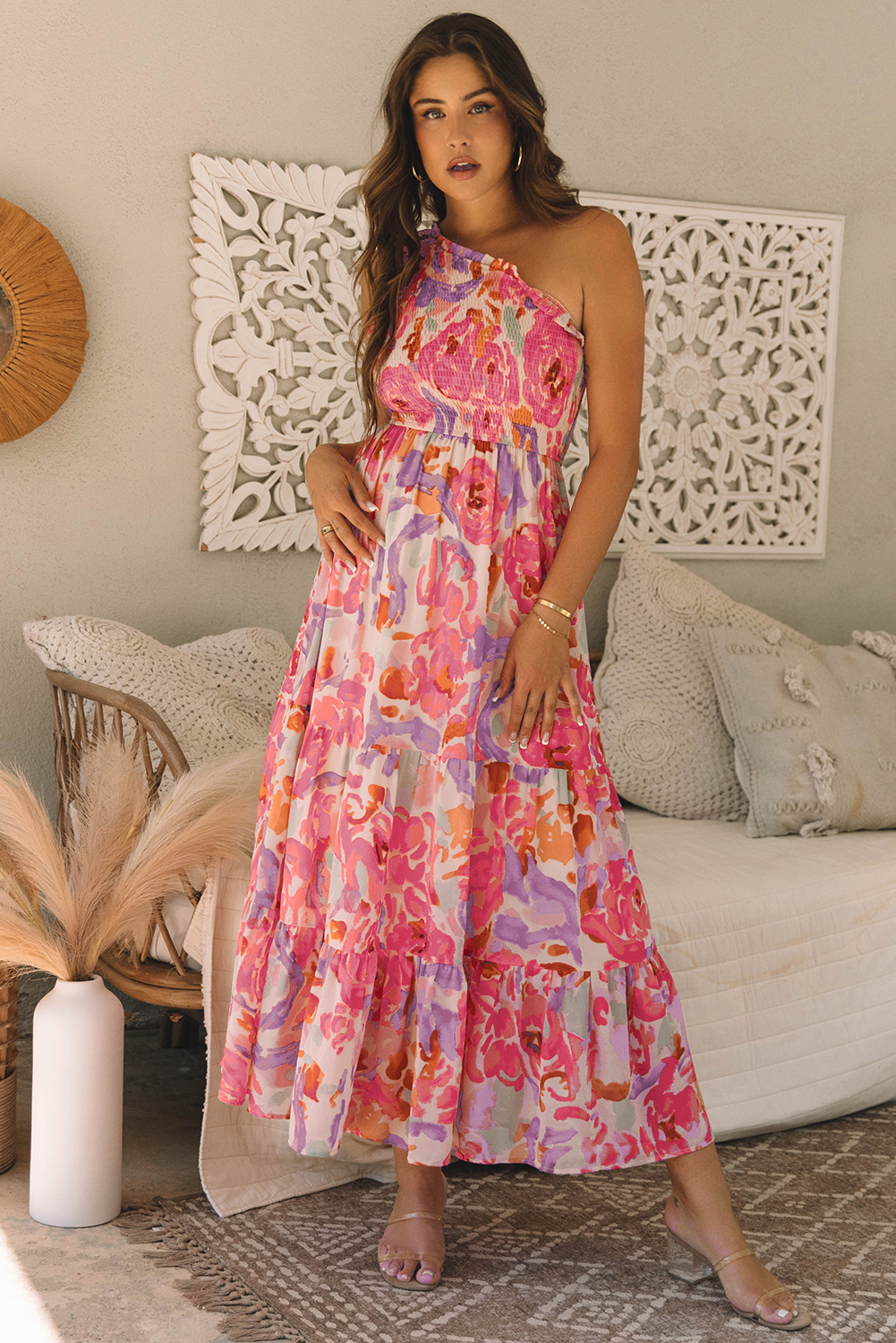 Abstract Floral One-Shoulder Shirred Maxi Dress