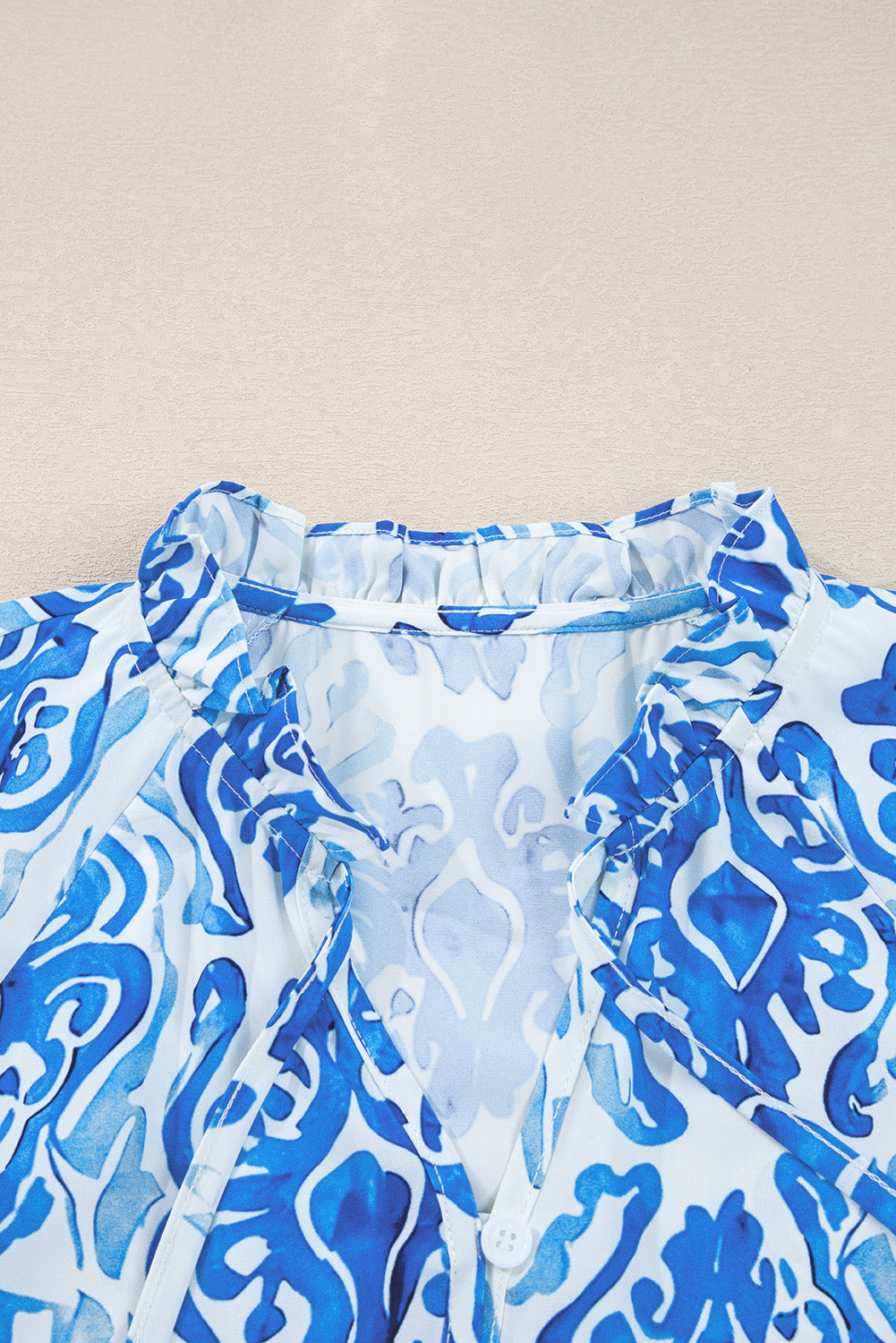 Abstract Tie-Neck Button- Up Puff Sleeve Shirt
