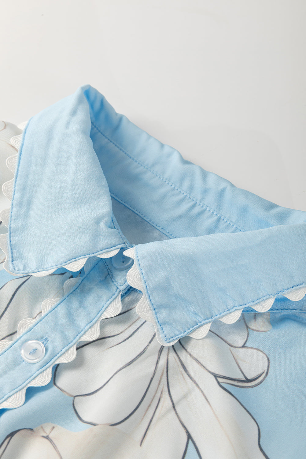 Floral Ric-Rac Edge Puff Sleeve Button-Up Shirt