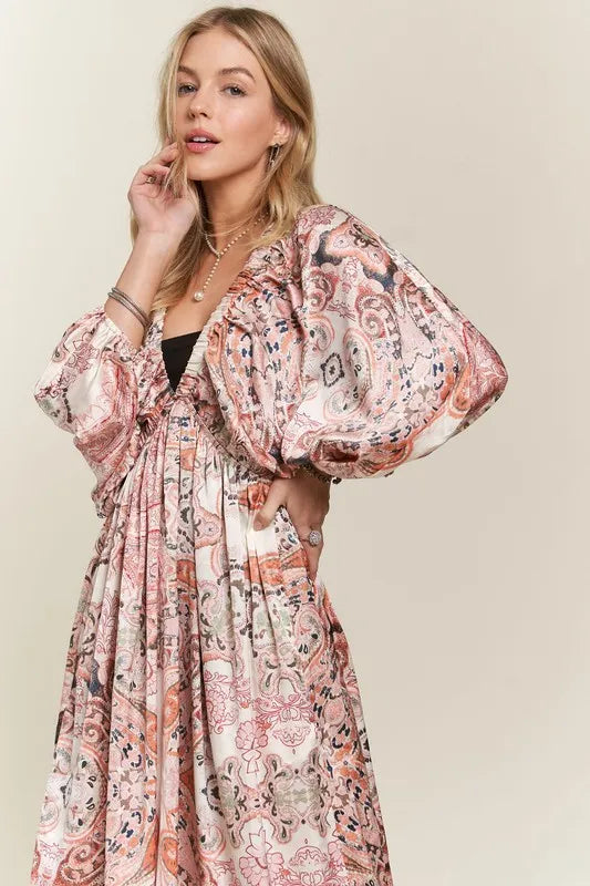 Printed V-Neck Batwing Sleeve Summer Dress